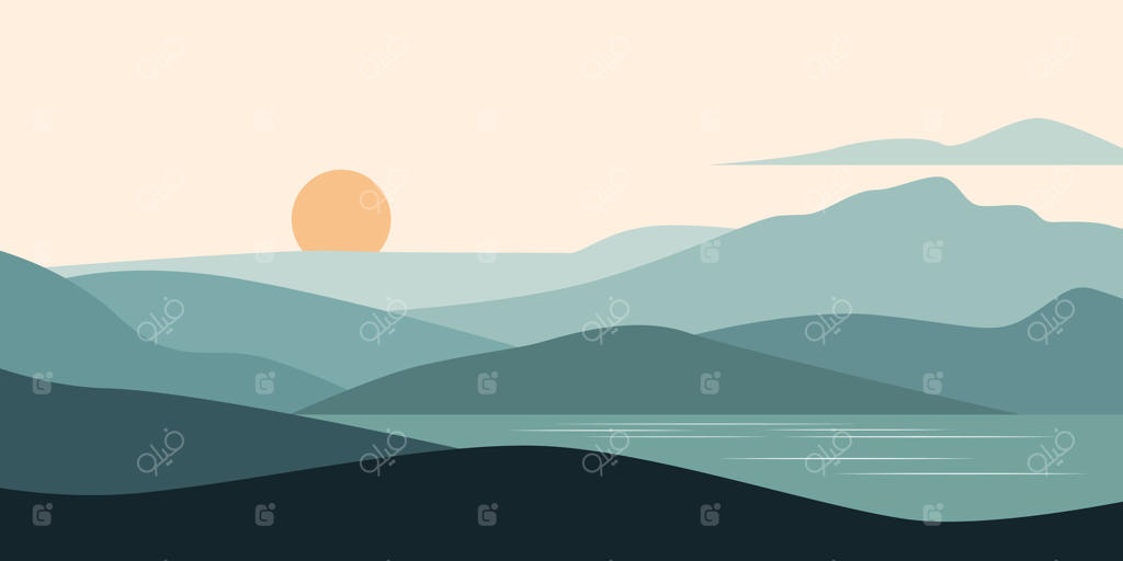 منظره غروب خورشید با کوه‌ها و دریاچه. پس‌زمینه طبیعت آرام در رنگ‌های گرم. سبک فلت