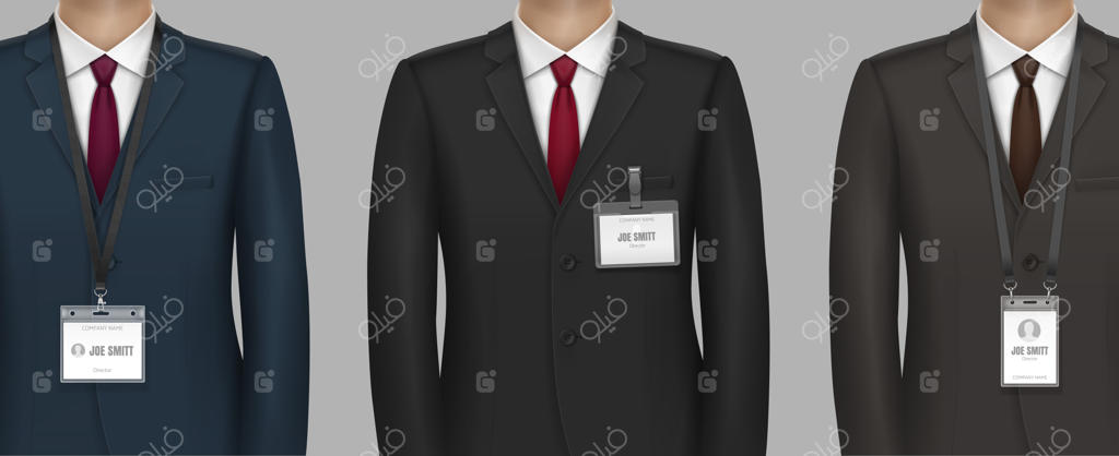 مردی با کت و شلوار کلاسیک و کارت شناسایی رسمی روی بند گردن‌آویز