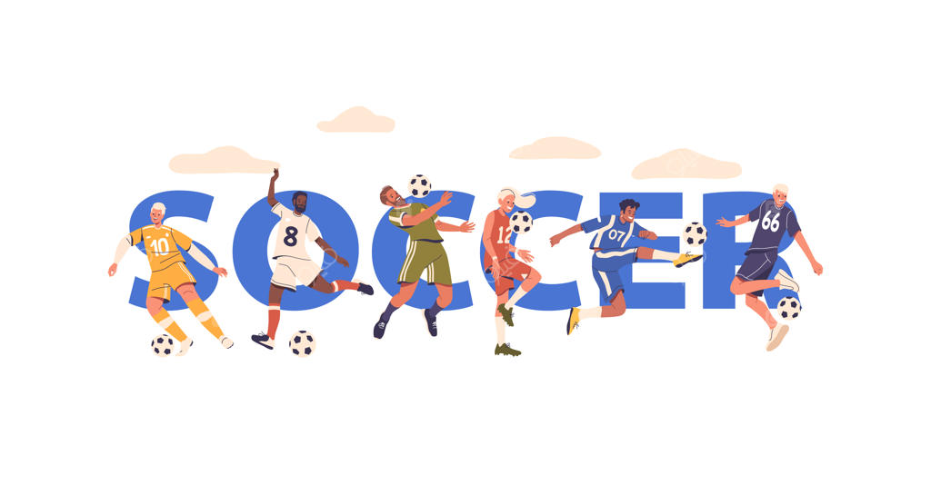 پوستر شخصیت‌های فوتبالیست در حال بازی با نمایش انرژی، اشتیاق و روحیه تیمی