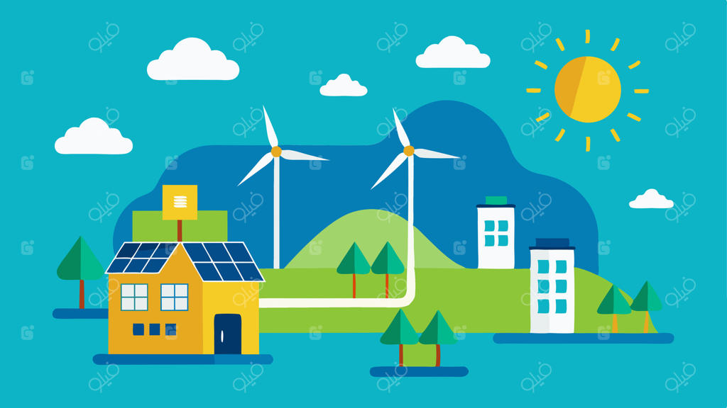 منابع انرژی تجدیدپذیر: چشم‌اندازی از پانل‌های خورشیدی و توربین‌های بادی متصل به شبکه هوشمند با فلش‌هایی که جریان انرژی از این منابع تجدیدپذیر را نشان می‌دهند.