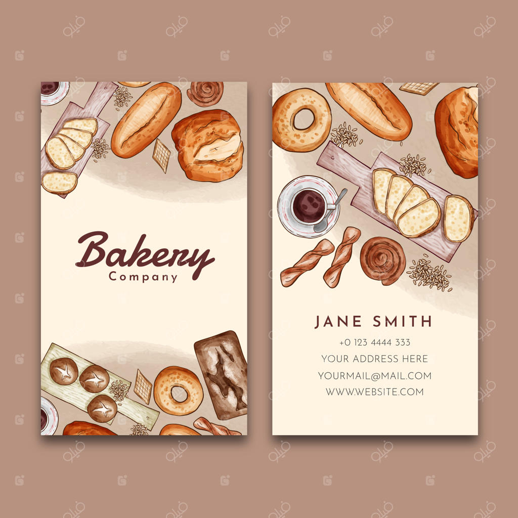 قالب کارت ویزیت عمودی مغازه نانوایی با طرح آبرنگی