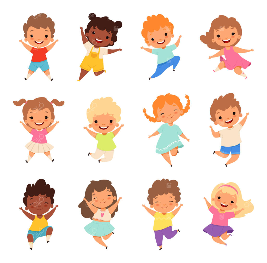 بچه‌های شاد و بامزه: دوستان کوچک هیجان‌زده و پرانرژی در نقاشی کارتونی متنوع