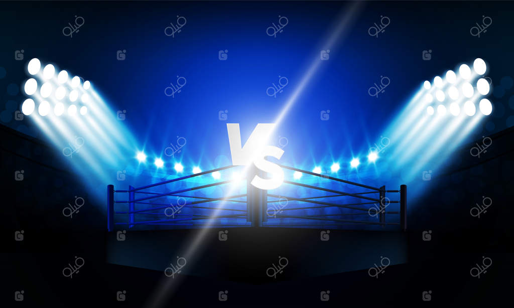 میدان بوکس و رینگ مسابقات با نورهای درخشان استادیوم: طراحی برداری برای ورزش و رقابت مبارزه‌ای