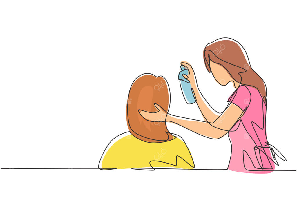 طراحی پیوسته با یک خط؛ آرایشگر زن در حال مدل دادن به موی مشتری در سالن زیبایی. مفهوم زیبایی و آرایش مو. طرح گرافیکی وکتور با یک خط رسم شده.