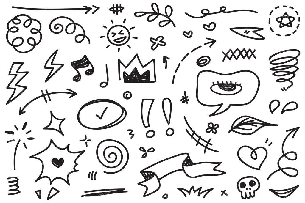 مجموعه‌ای از دایره‌های دست‌کشیده کارتون، فلش‌های جهت‌دار خمیده، عناصر طراحی افکت شکلک، نمادهای احساسی شخصیت‌های کارتون، تاج‌ها و خطوط براش تزئینی بامزه.