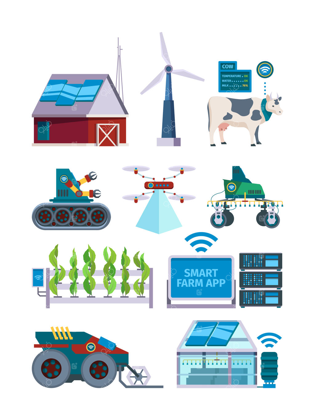 کشاورزی هوشمند: آینده‌ای برای ربات‌ها، پهپادها و ابزارهای الکترونیکی کشاورزان. تصاویر وکتور تخت از صنعت هوشمند در کشاورزی، نوآوری در کشاورزی و برداشت.