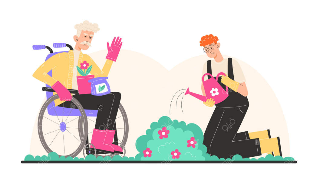 پیرمردی روی ویلچر نشسته و نوه‌اش در باغچه گل‌ها را آبیاری می‌کند