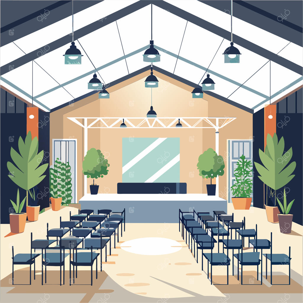 فضای برگزاری رویداد به سبک صنعتی با صندلی‌های فراوان، گیاهان سرسبز، دکوراسیون مینیمال و نور طبیعی