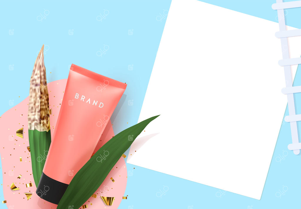 کرم آرایشی در تیوب صورتی با گیاهان گرمسیری و برگ‌های طبیعی سه‌بعدی، تازه و خشک. برند لوازم آرایشی. بنر تبلیغاتی و پوستر فروش. نمای بالا. تصویرسازی وکتور.