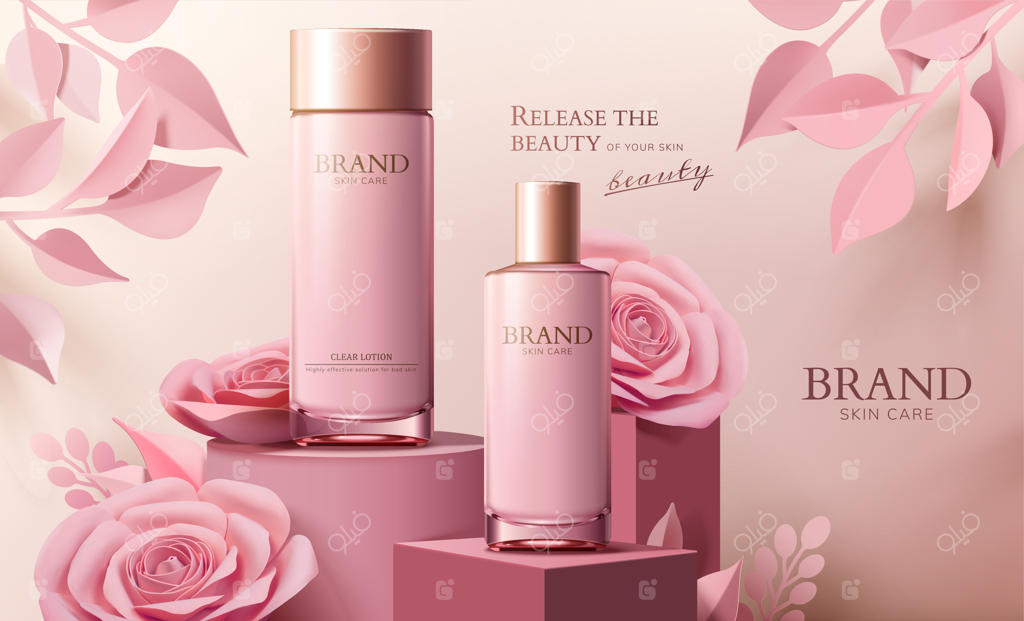 بنر بطری اسپری مراقبت از پوست با گل‌های کاغذی صورتی در سبک سه‌بعدی روی ستون