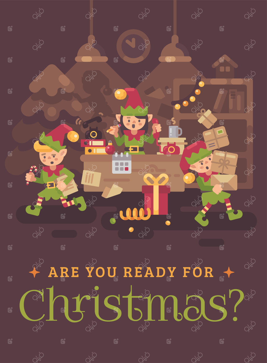 دفتر شلوغ بابانوئل با کارمندان الف - کارت تبریک کریسمس با تصویرسازی تخت