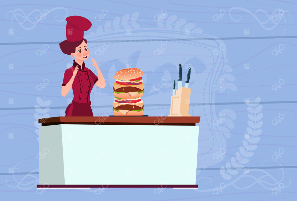آشپز زن کاریکاتوری با همبرگر بزرگ، در لباس سرآشپزی بر روی زمینه چوبی
