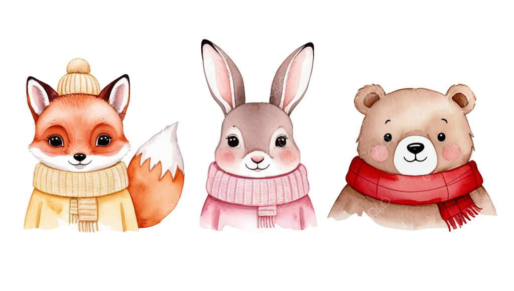 مجموعه‌ای از حیوانات آبرنگی با لباس‌های زمستانی: حیوانات جنگلی با لباس‌های گرم، خرس، روباه و خرگوش آبرنگی.