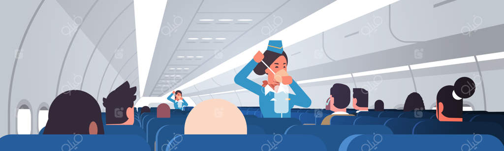 مهماندار در حال توضیح نحوه استفاده از ماسک اکسیژن به مسافران در مواقع اضطراری - مفهوم نمایش ایمنی توسط خدمه پرواز در کابین داخلی هواپیمای مدرن