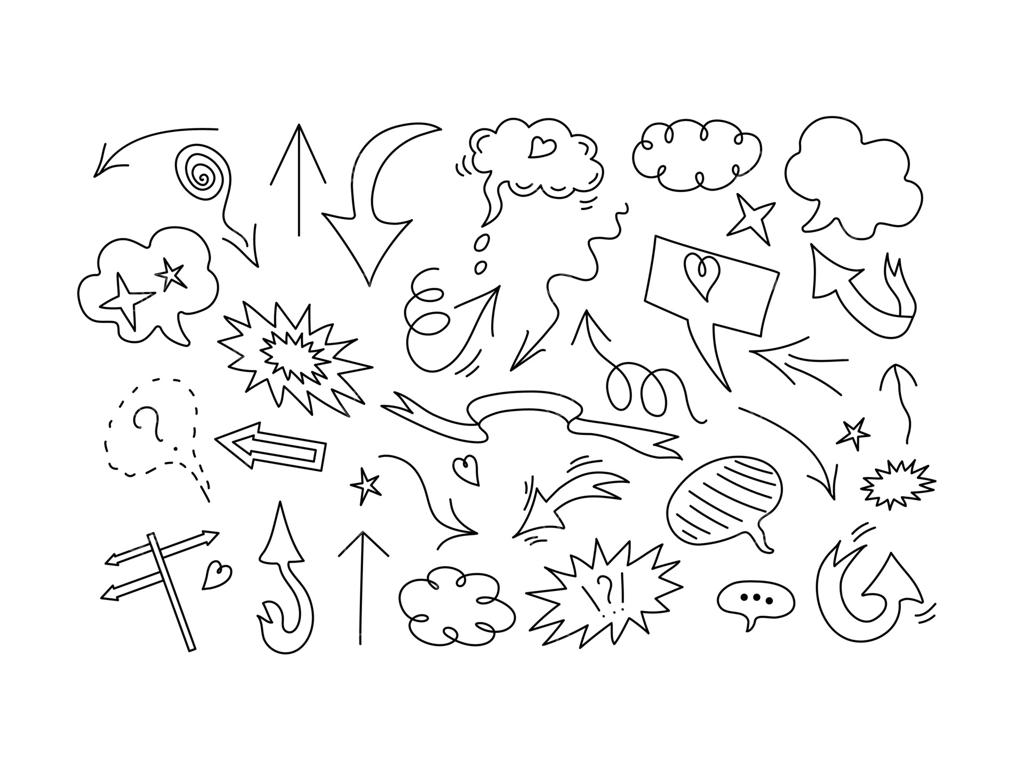 مجموعه عناصر دودل: فلش‌ها، قلب، اقلام طراحی مفهومی. حباب گفتار، ابر برای متن. آیکون‌های سفید، پس‌زمینه جدا شده.