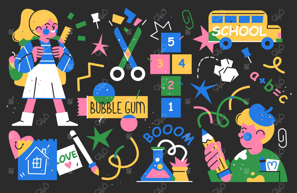 مجموعه عناصر و کاراکترهای بازگشت به مدرسه وکتور