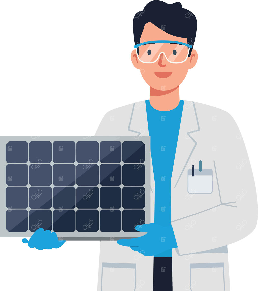 دانشمند در حال نگه‌داشتن پنل خورشیدی در آزمایشگاه، تصویری ساده از انرژی‌های تجدیدپذیر و نوآوری