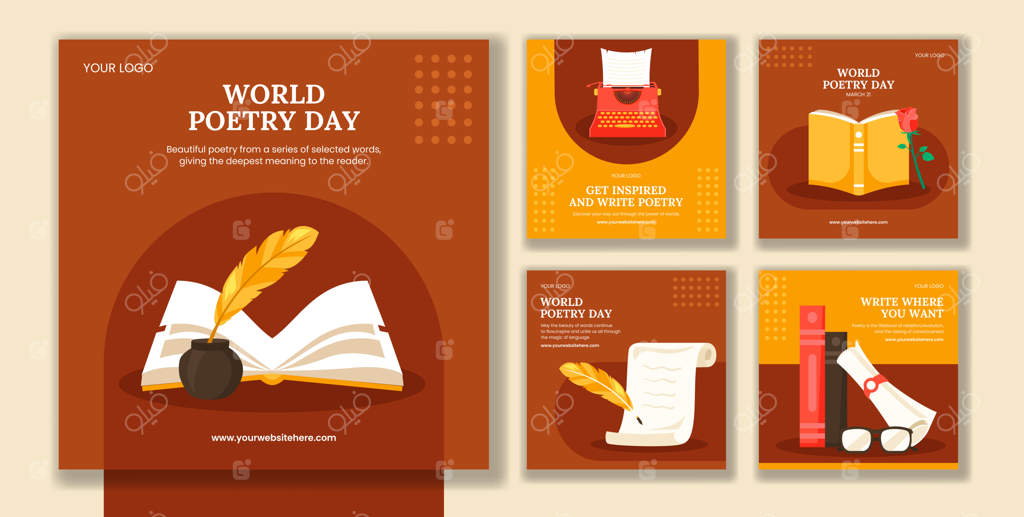 طراحی پست شبکه اجتماعی برای روز جهانی شعر با تصویرسازی کارتونی ساده و خلاقانه