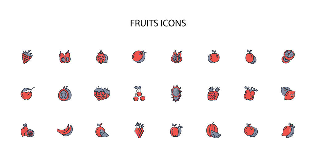 مجموعه آیکون میوه‌ها - خط قابل ویرایش. طراحی خطی برای استفاده در وب‌سایت و لوگو. نماد و تصویرسازی.