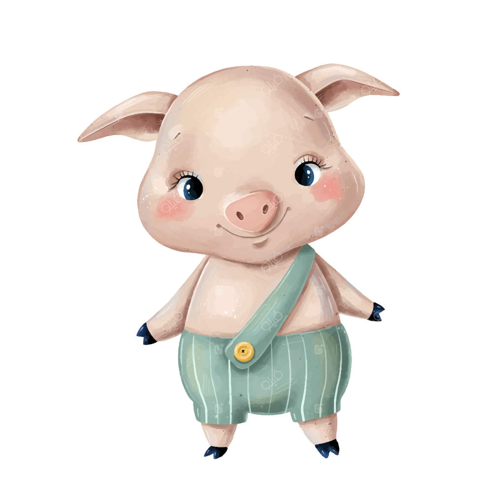 تصویر یک خوک کارتونی بامزه با شلوار سبز، به‌صورت جداگانه