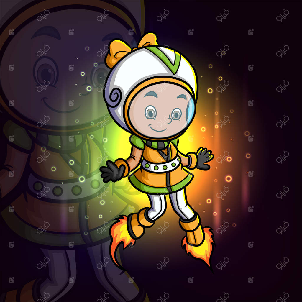 طراحی لوگوی مسکات: دختر ربات بامزه با کفش‌های آتشین در حال پرواز