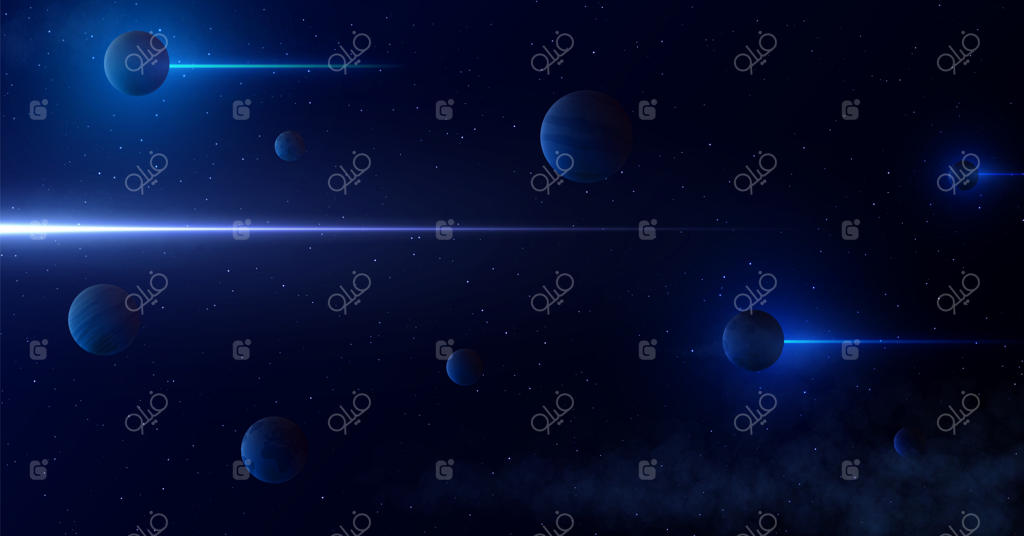 سیارات سه‌بعدی در پس‌زمینه ستارگان و کهکشان‌ها. خطوط انتزاعی نور از اشعه گاما در فضا عبور می‌کنند. الگوی تخیلی و جذاب. تصویر برداری گرافیکی