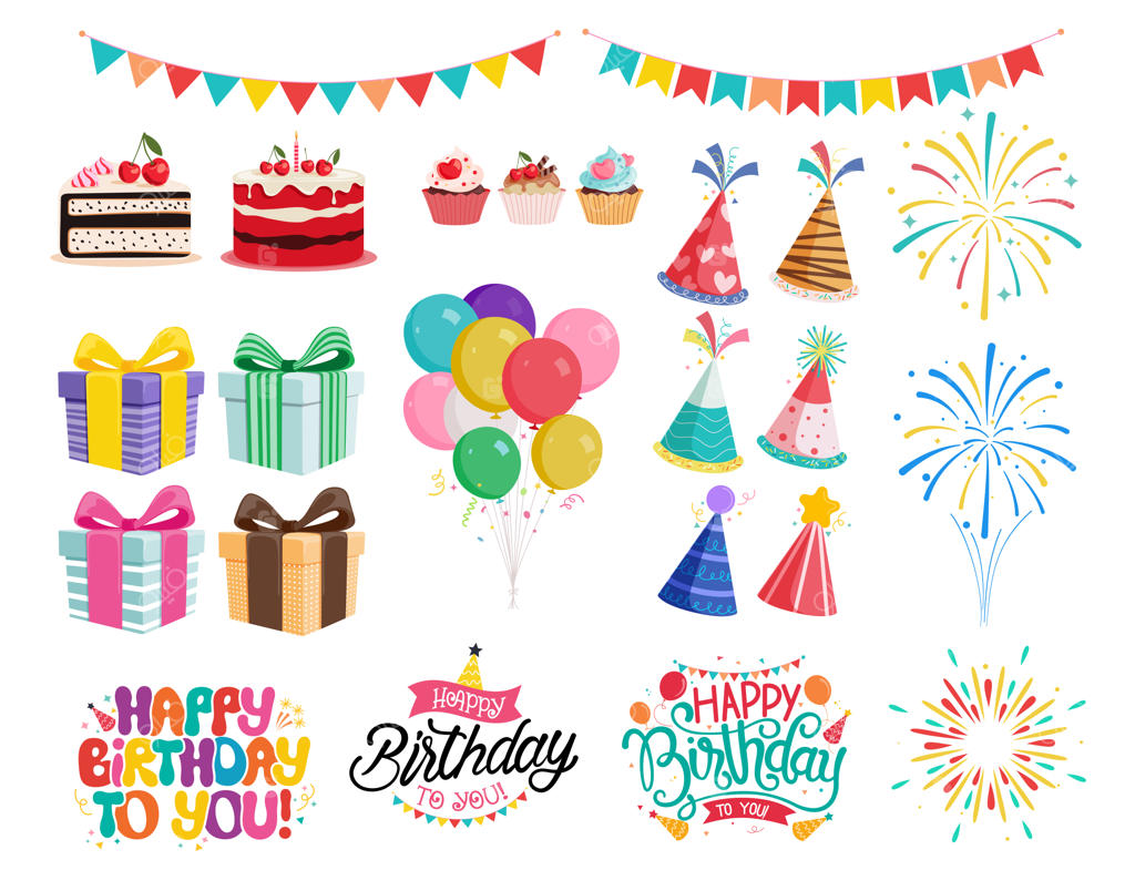 مجموعه کلیپ‌ارت و المان‌های رنگارنگ جشن تولد شامل کیک، بادکنک و کادو