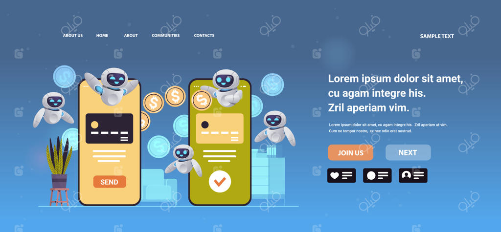 چت‌بات‌ها: ارسال یا دریافت سکه‌های دلار از طریق انتقال پول با گوشی‌های هوشمند - مفهوم هوش مصنوعی در تراکنش‌های مالی