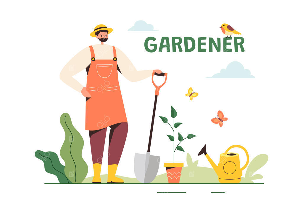 تصویرسازی وکتور باغبان در حال پرورش سبزیجات با ابزار باغبانی در پس‌زمینه کارتونی تابستانه به سبک فلت