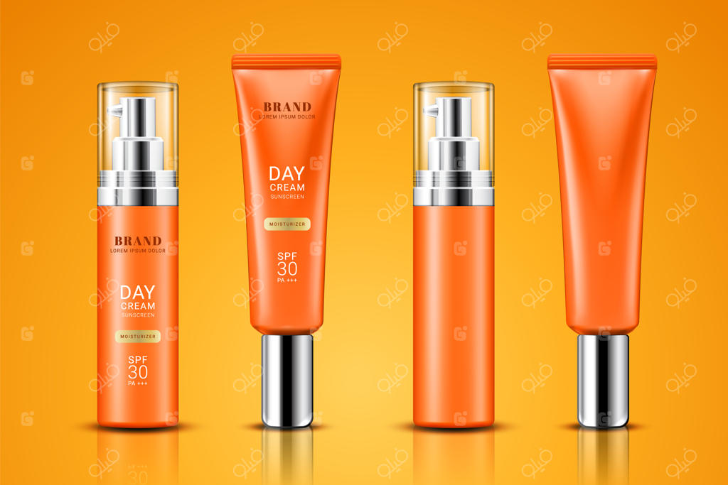 تیوپ واقعی با کرم ضد آفتاب. مجموعه‌ای از ظروف سه‌بعدی جداگانه با لوسیون برای مراقبت و درمان پوست. برندسازی و بسته‌بندی، تبلیغات ژل برای برنزه کردن و محافظت از پوست در برابر آفتاب.