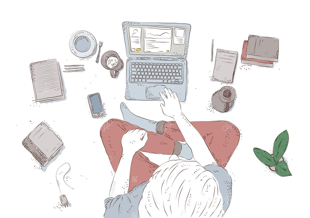 انسانی با لپ‌تاپ در خانه، نشسته روی زمین. طراحی دستی از بالا، مرد جوان بر روی زمینه سفید.