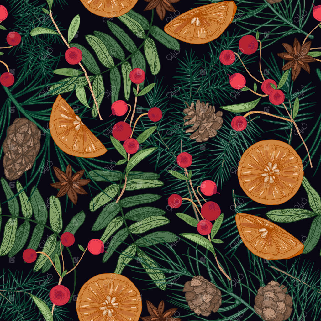 طرح یکپارچه تعطیلات با شاخه‌های درخت کاج و صنوبر، سوزن‌ها و مخروط‌ها، توت‌های روان و زغال‌اخته، پرتقال و انیسون ستاره‌ای