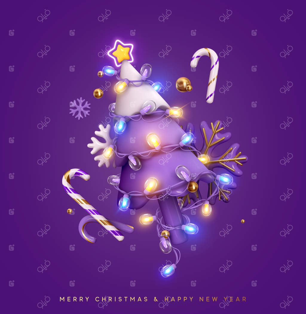 درخت درخشان کریسمس: کریسمس مبارک و سال نو پربرکت! طراحی سه‌بعدی واقعی با اشیاء، چراغ‌های رنگارنگ، دانه‌های برف، آب‌نبات عصایی و ترکیب رنگ‌های بنفش. تصویرسازی وکتور