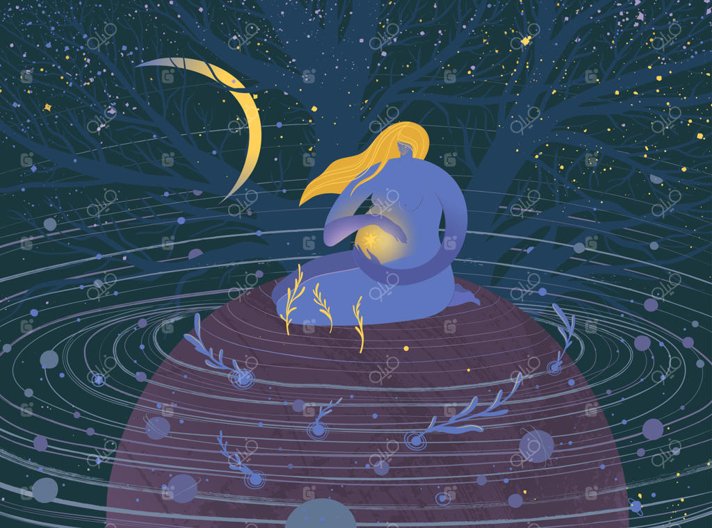 تصویر برداری از زن باردار با ستاره‌ای درونش در محاصره فضا