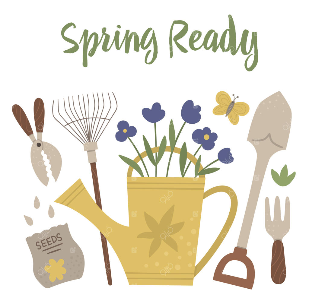 تصویرسازی وکتور از ابزارهای باغبانی رنگارنگ با گل‌ها و گیاهان. تصویر بهاری به سبک تخت. آب‌پاش با گل‌ها، شن‌کش‌ها، بذرها، پروانه. مفهوم مرتبط با باغبانی.