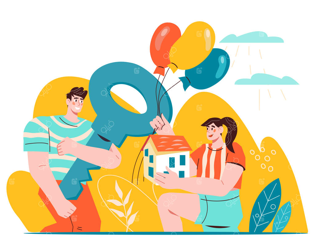 بنر خرید یا اجاره خانه با تصاویر افراد و کلید و خانه به صورت برداری