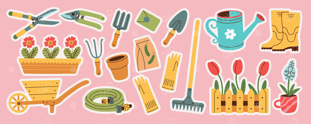 مجموعه برچسب‌های وسایل باغبانی به سبک دست‌کشیده. ابزار کشاورزی و باغ برای کارهای بهاری. تصویرسازی وکتور.