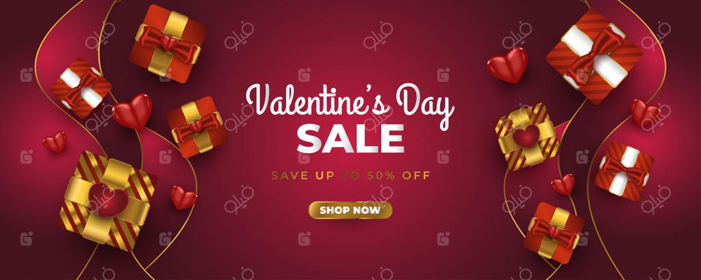 بنر حراج روز ولنتاین با جعبه هدیه واقعی، قلب‌های قرمز و کاغذپاش طلایی براق