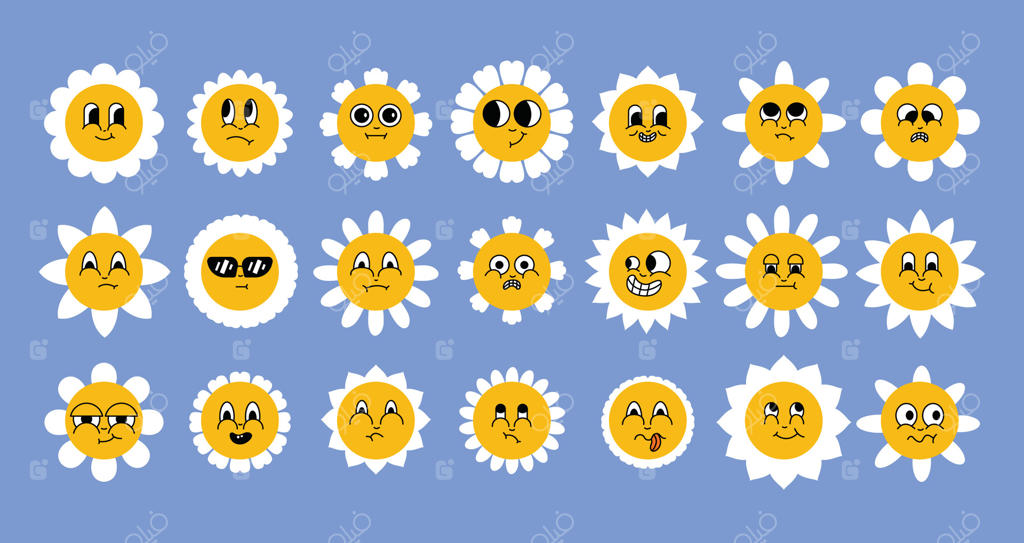 گل‌های مینا با چهره‌های خندان؛ ایموجی‌های بامزه آفتابگردان با احساسات متنوع، عالی برای افزودن نشاط به طراحی‌ها
