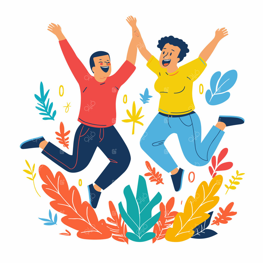 دو شخصیت کارتونی شاد که با هیجان میان شاخ و برگ‌های رنگارنگ می‌پرند و اوج خوشحالی را به نمایش می‌گذارند.