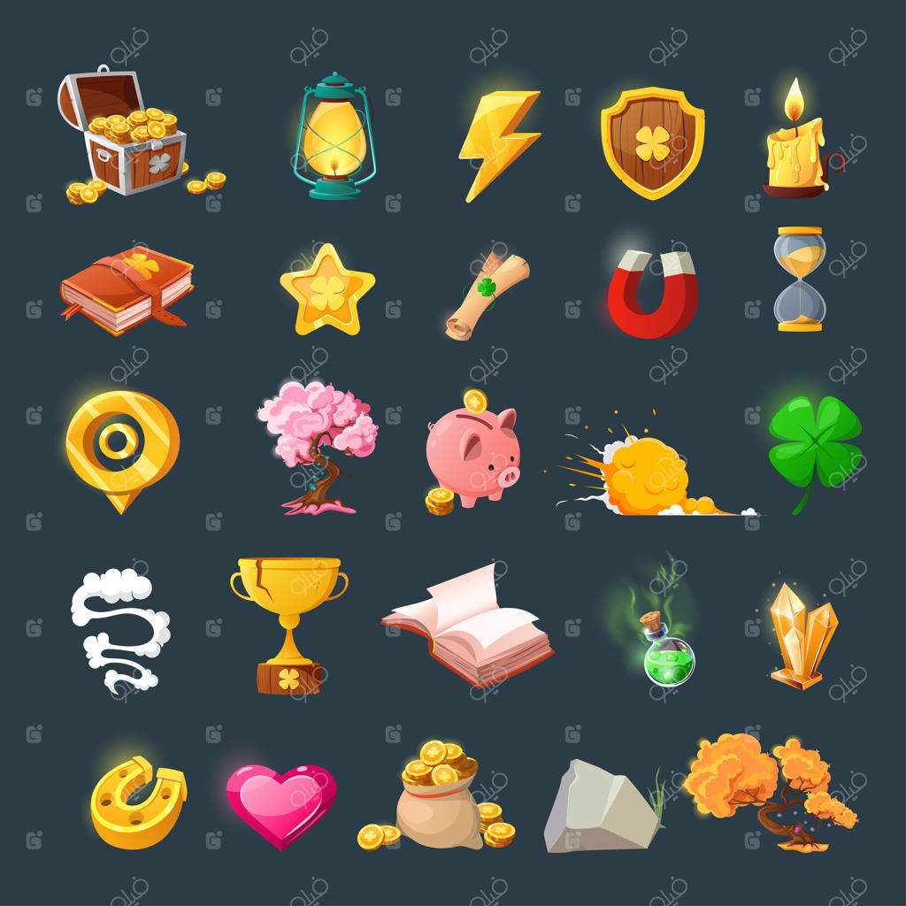 مجموعه آیتم‌های متنوع برای طراحی رابط کاربری بازی؛ اشیاء جادویی کارتونی و منابع بازی فانتزی