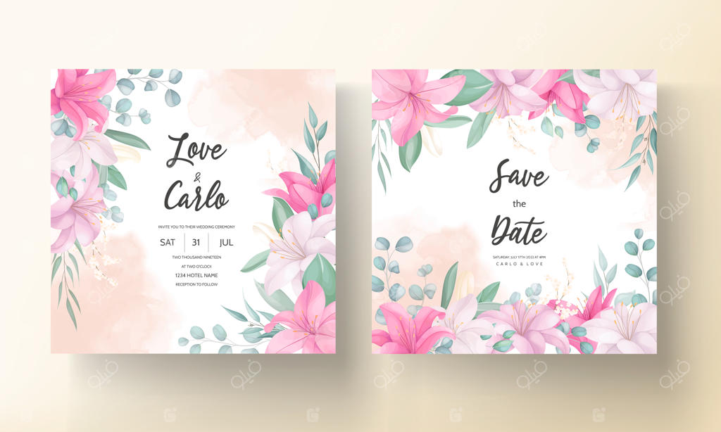 کارت دعوت عروسی رمانتیک با طرح زیبای گل لیلیوم و برگ‌ها