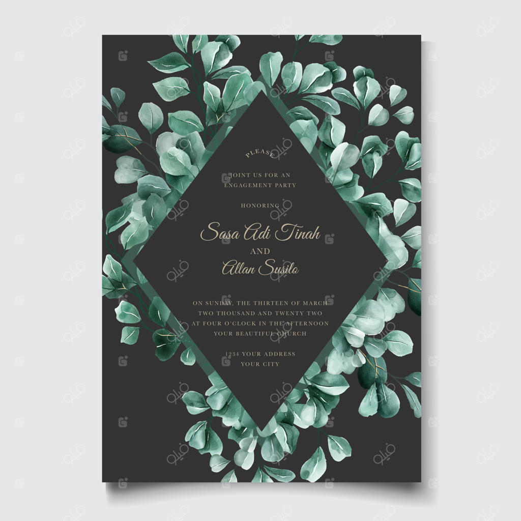 قالب کارت دعوت عروسی با طرح اوکالیپتوس سبز