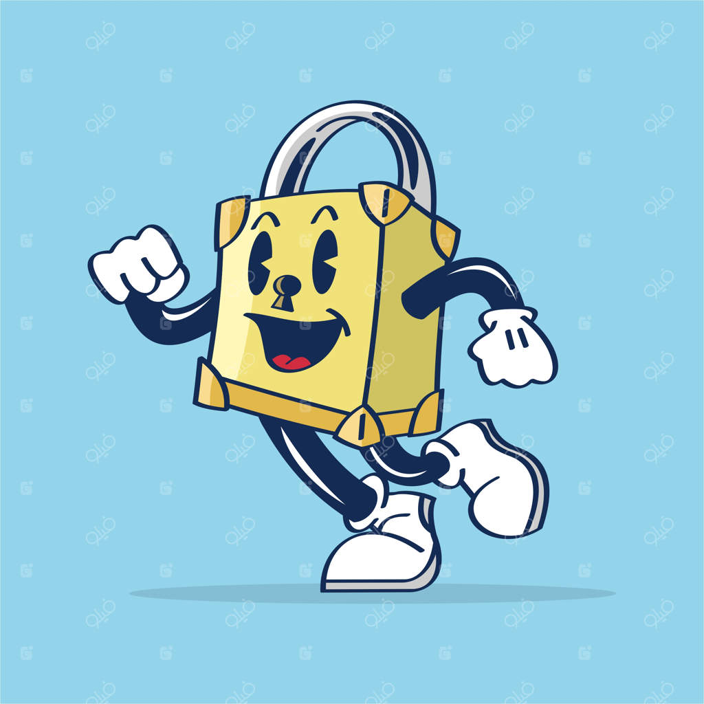 طرح کارتونی از شخصیت قفلی شاد در حال دویدن روی پس‌زمینه آبی (نقاشی دستی به سبک وکتور)