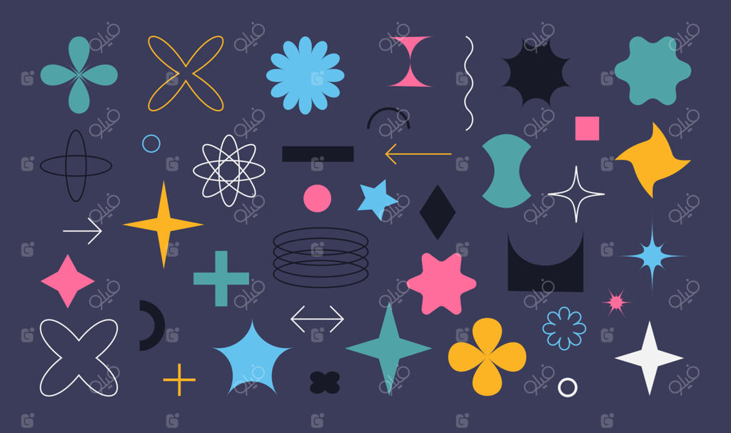 اشکال هندسی انتزاعی، فرم‌های بروتالیسم و عناصر هندسی سبک ممفیس. اشکال پایه مینیمال و ترندی، ستاره، خط و دایره، مجموعه وکتور عناصر طراحی گرافیک مدرن