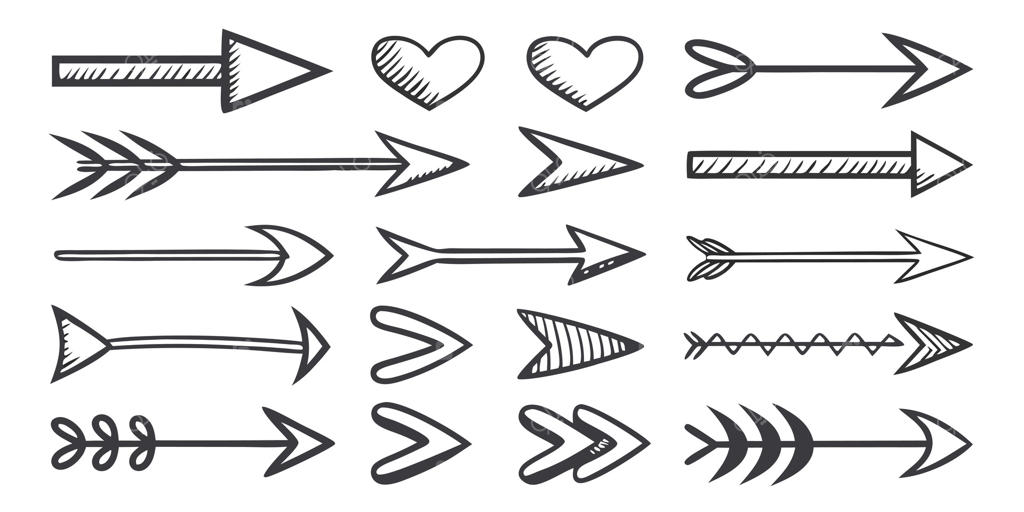 مجموعه‌ای از نقاشی‌های دست‌کشیده فلش‌ها و قلب‌های جوهری سیاه و سفید