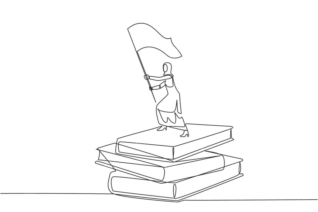 نقش‌نگاری مستمر: زن تاجر عرب بر روی انباشتی از کتاب‌های غول‌پیکر، پرچم را برافراشته است