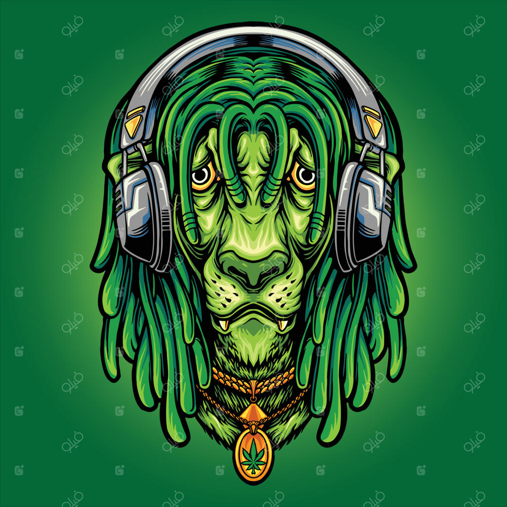 تصویرسازی سر شیر با میکروفون و گردنبند طرح برگ ماری‌جوانا