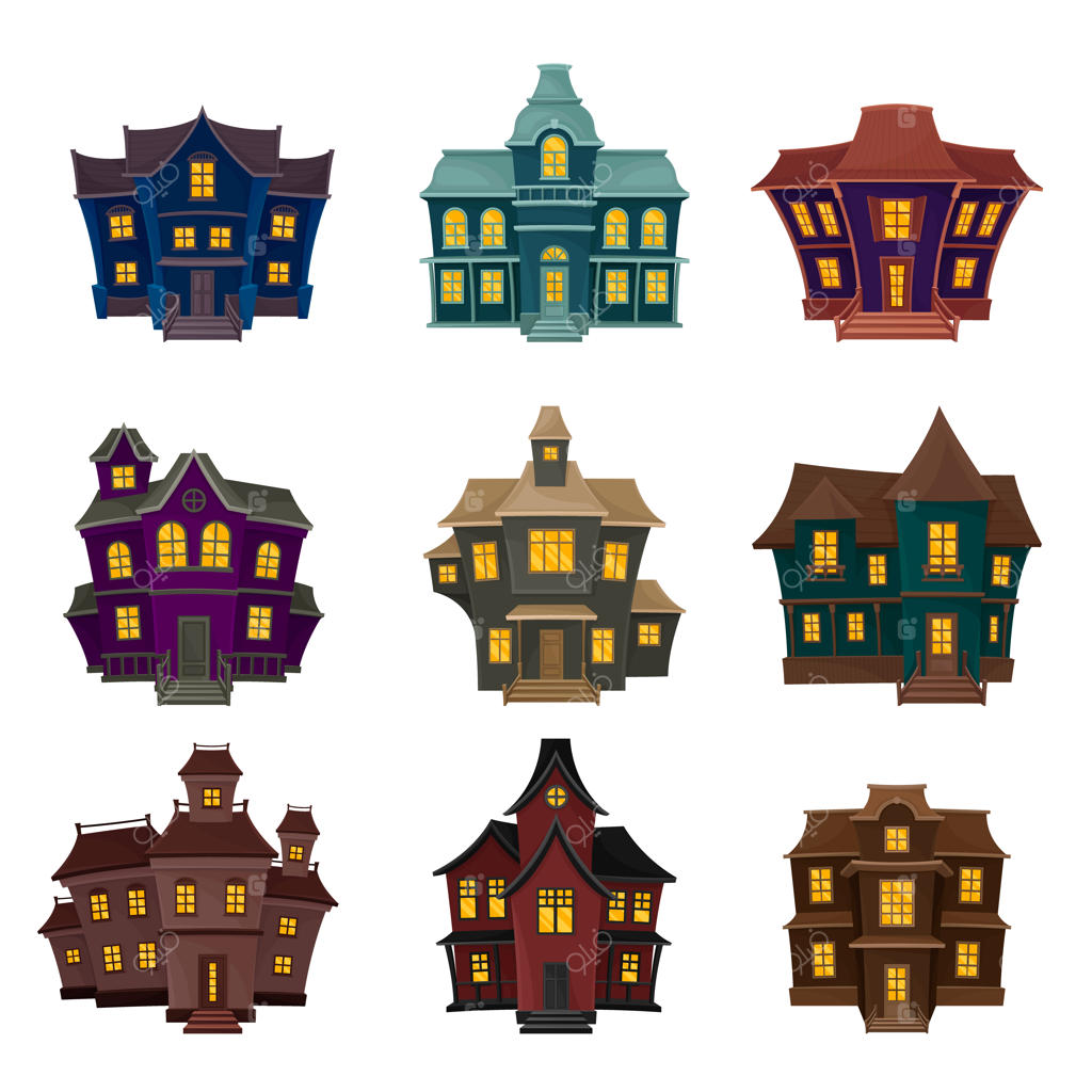 مجموعه‌ای از خانه‌های ترسناک با اشکال و رنگ‌های مختلف