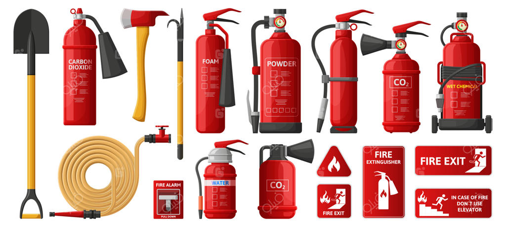 آتش‌نشانی، تجهیزات محافظت در برابر آتش، کپسول آتش‌نشانی، علائم اضطراری. محافظت آتش‌نشان، مجموعه ابزارهای مبارزه با شعله. تجهیزات ایستگاه آتش‌نشانی